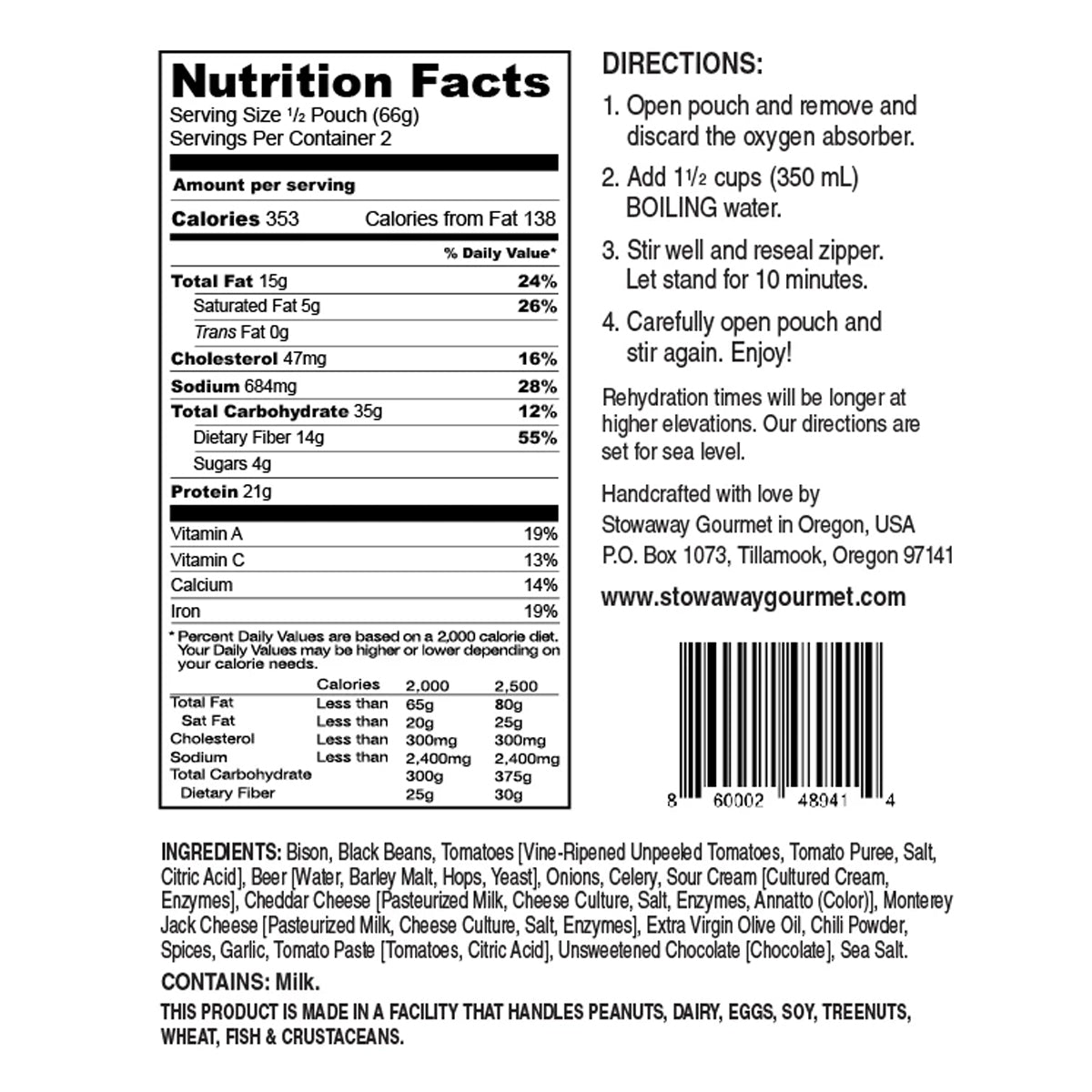 Stowaway Gourmet Bison Beer Black Bean Chili