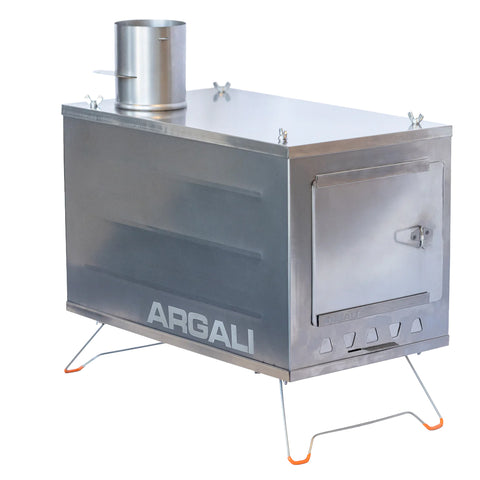 Argali Skyline Ti premium tent stove in pure Grade 2 titanium with TrussLoc wire-frame legs, 15-inch long firebox, titanium damper card, and sectional 3-inch chimney pipe with pipe rings