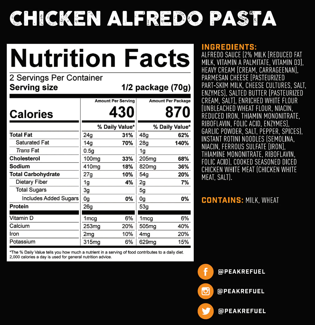 Peak Refuel Chicken Alfredo in Peak Refuel Chicken Alfredo by Peak Refuel Nutrition Facts by GOHUNT | Peak Refuel - GOHUNT Shop