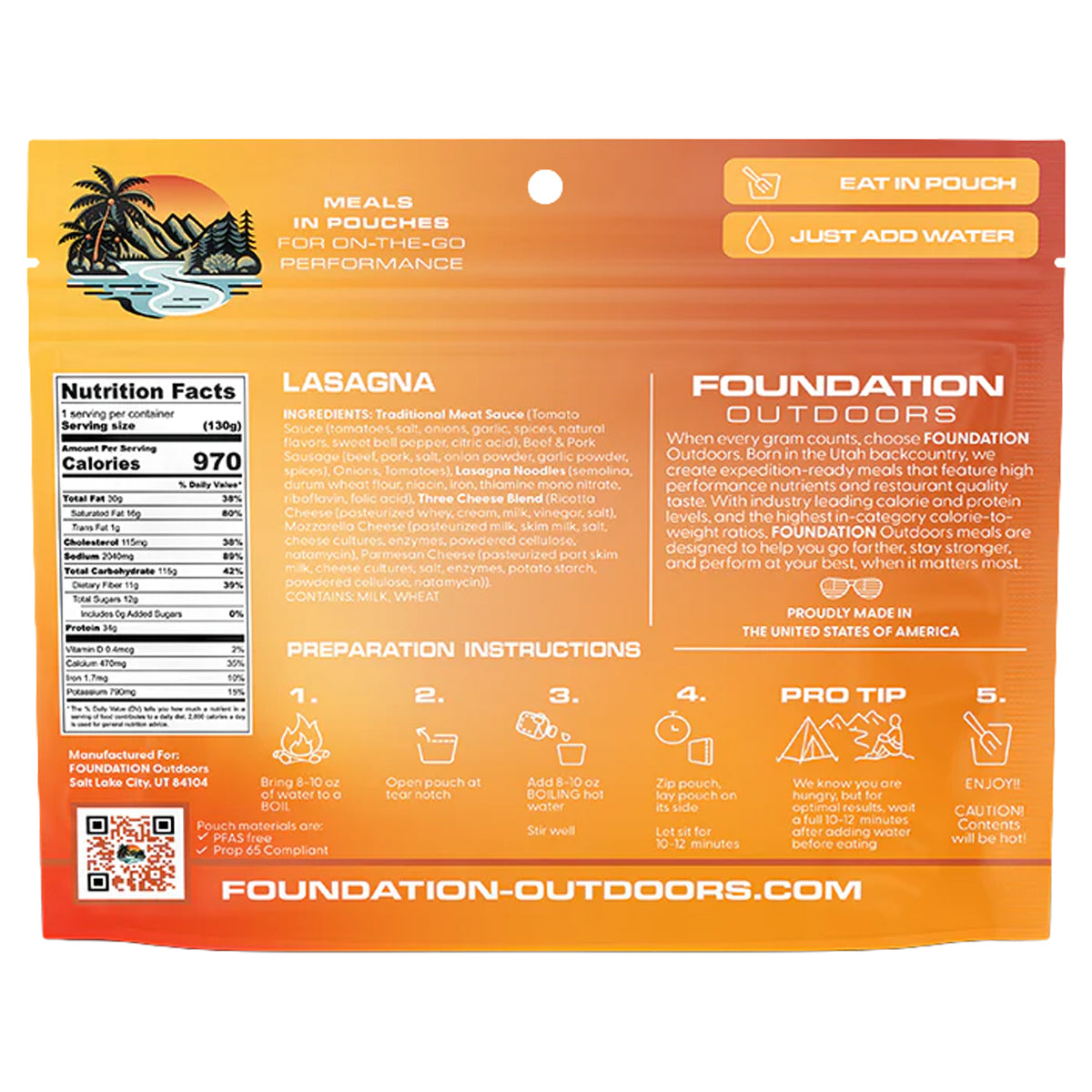 Foundation Outdoors Lasagna Meal