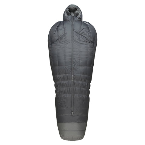 PEAX Solace 15° sleeping bag — olive green 20D ripstop mummy bag with hybrid insulation (850 fill down top, synthetic bottom), insulated draft collar, offset baffles, and wider side-sleeper cut