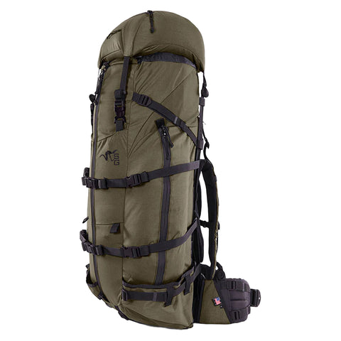 Stone Glacier Sky Talus 6900 expedition pack in grey 210D Robic fabric with Krux external aluminum frame, elongated body profile, and load shelf at base