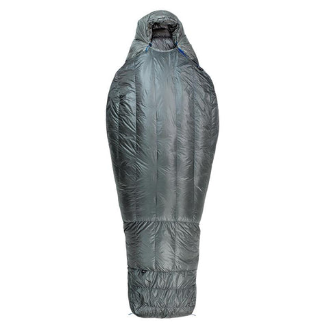 Stone Glacier Chilkoot 0° sleeping bag — dark charcoal 15D ripstop mummy bag with 850+ fill DWR-treated goose down, contoured insulated hood, and full-length YKK zipper with draft tube