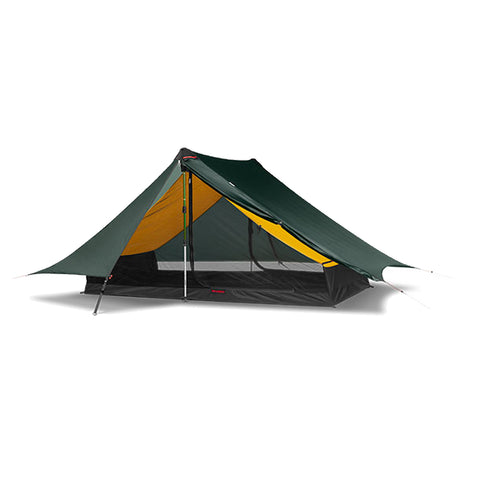 Hilleberg Anaris ultralight 2-person ridge tent in green Kerlon 1000 fabric, pitched with trekking poles, showing dual entrances and vestibules