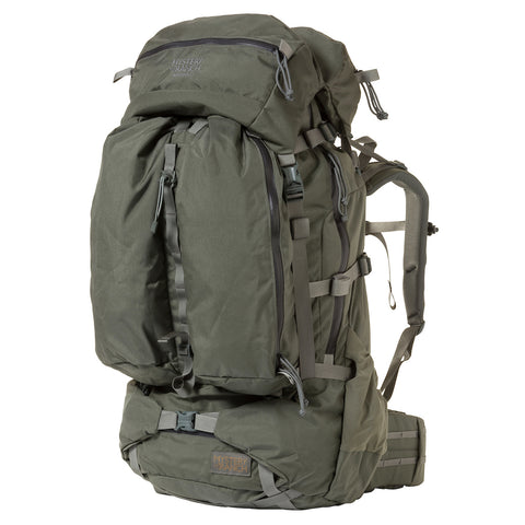 Mystery Ranch Marshall 105L expedition hunting pack in foliage green 500D Cordura with Guide Light MT NICE Frame, 3-ZIP front access, and taller body profile than the Metcalf